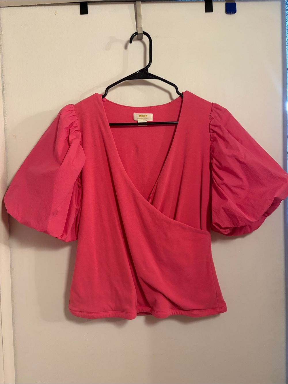 Maeve Hot Pink Puff-Sleeve Wrap Blouse LARGE